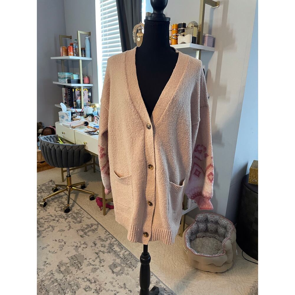 Lauren Conrad Oversized Grandpa Cardigan Pink Floral Knit Sweater XL - Picture 3 of 5